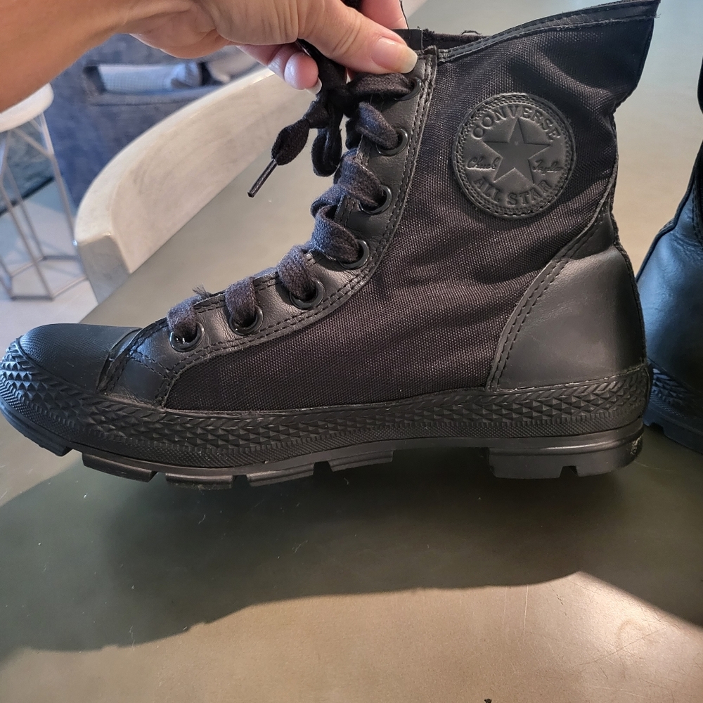 Rare Converse Black Military Combat Moto Boots Sneakers Canvas Leather W8, M6.5